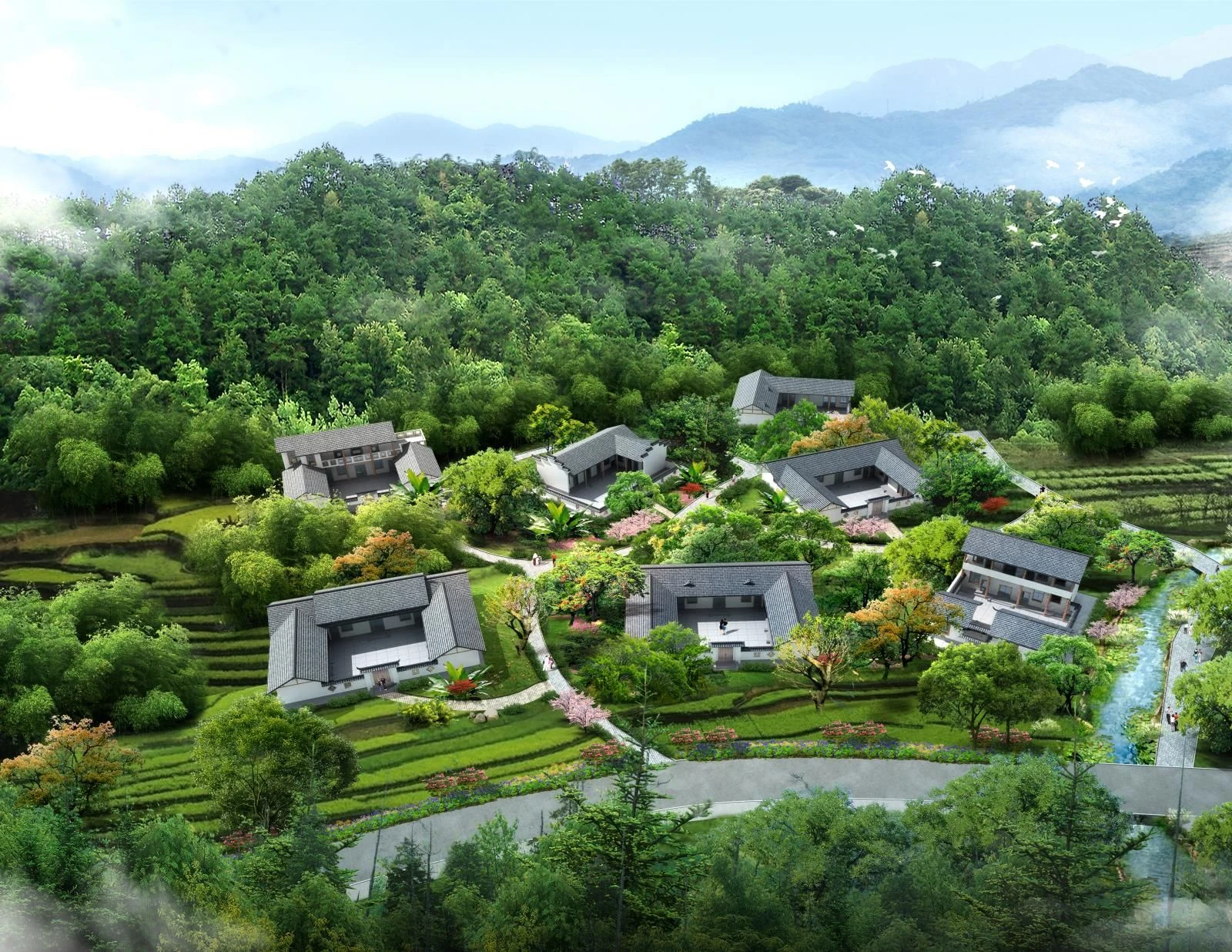 Design visualisation of a loose group of courtyard houses among bamboo, trees and cultivated fields