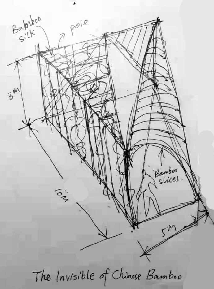 Weibing Liu’s concept drawing for Wuxing, showing a bamboo structure in perspective with material notes, dimensions and a human figure