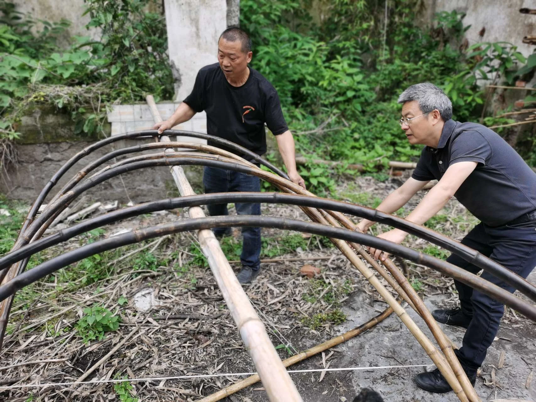 Two people holding and adjusting a group of curved bamboo components on a low support