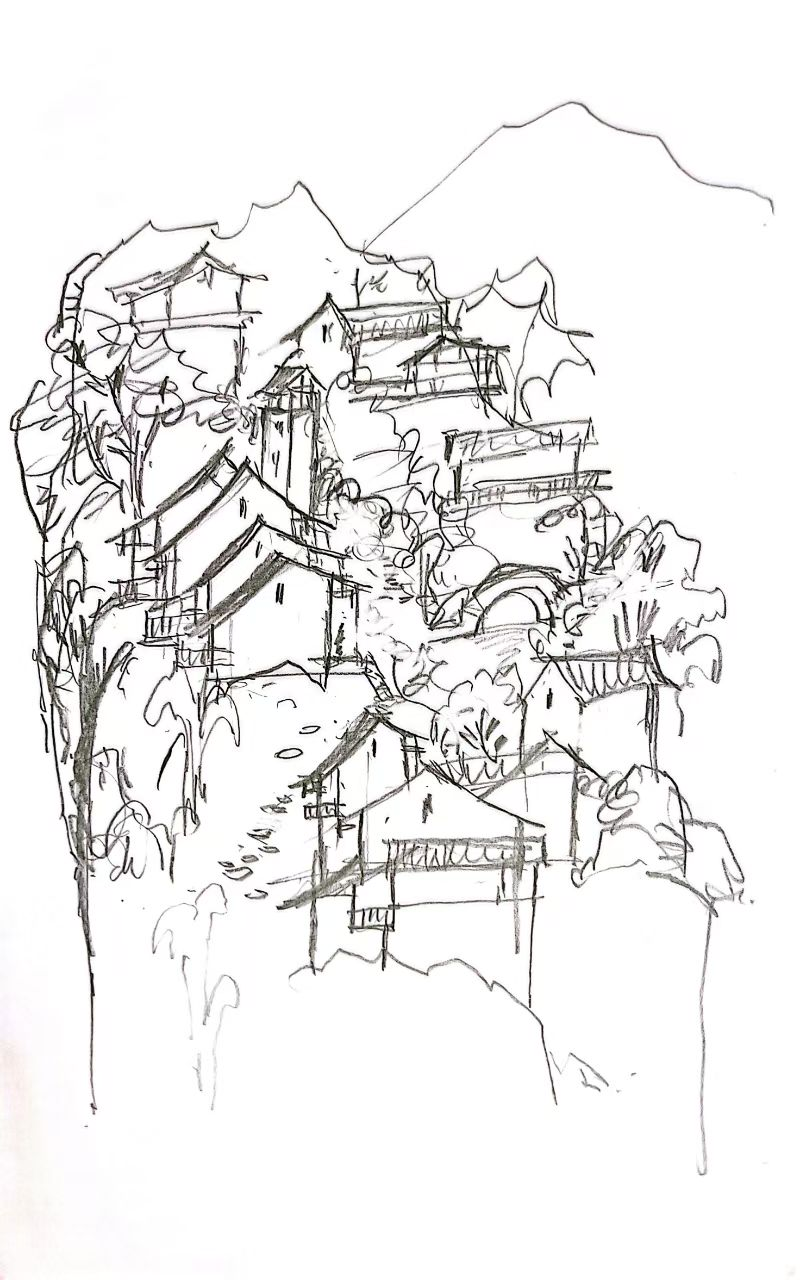Concept sketch showing pitched-roof buildings clustered along paths among trees, with a mountain outline behind